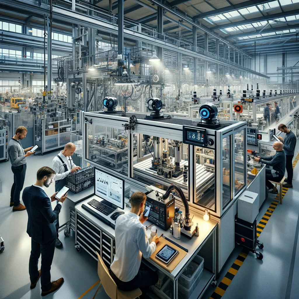DALL-E 2024-03-05 14.30.34 - A smaller Scandinavian factory floor where engineers are focused on incorporating AI into the manufacturing process. The scene captures the unique, ef DALL-E 2024-03-05 14.30.34 - A smaller Scandinavian factory floor where engineers are focused on incorporating AI into the manufacturing process. The scene captures the unique, ef