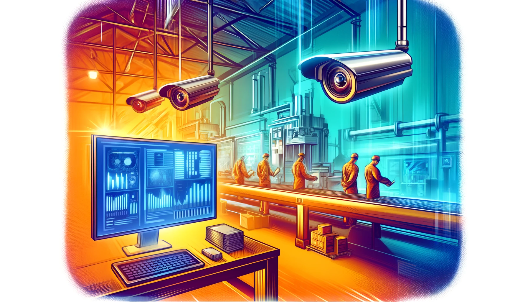 DALL·E 2024-05-21 09.40.02 - A stylized illustration of a quality inspection area in a modern manufacturing plant, featuring AI-powered cameras detecting defects on a production l DALL·E 2024-05-21 09.40.02 - A stylized illustration of a quality inspection area in a modern manufacturing plant, featuring AI-powered cameras detecting defects on a production l